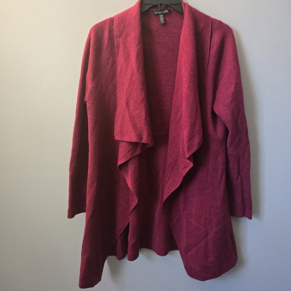 Eileen Fisher 100% Merino Wool Womens Red Open Cardigan Red Size Small